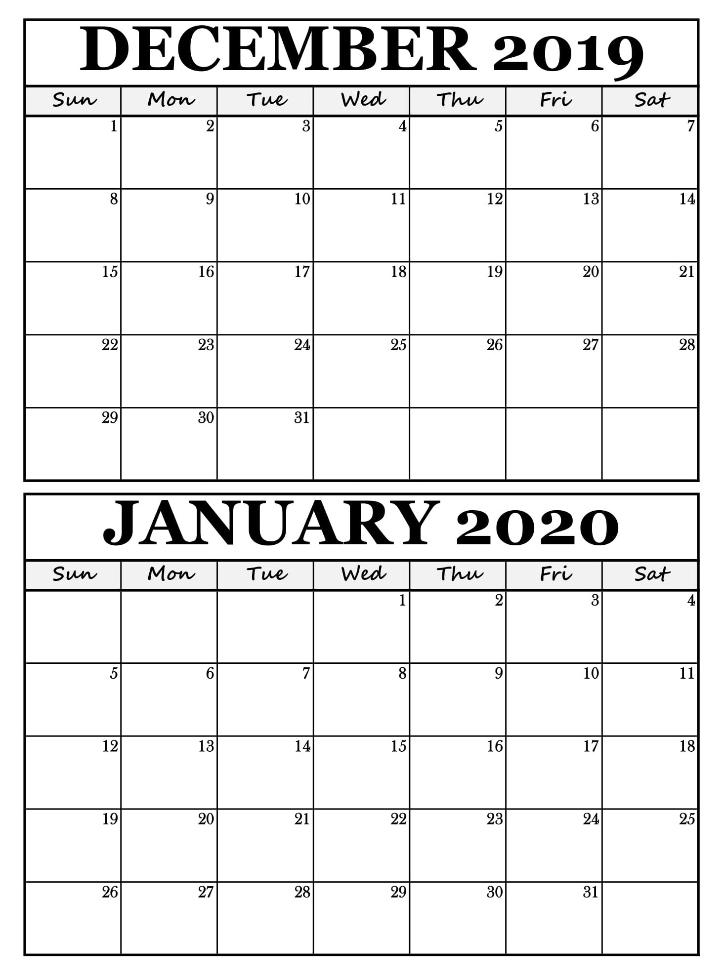 Blank Calendar January 2020