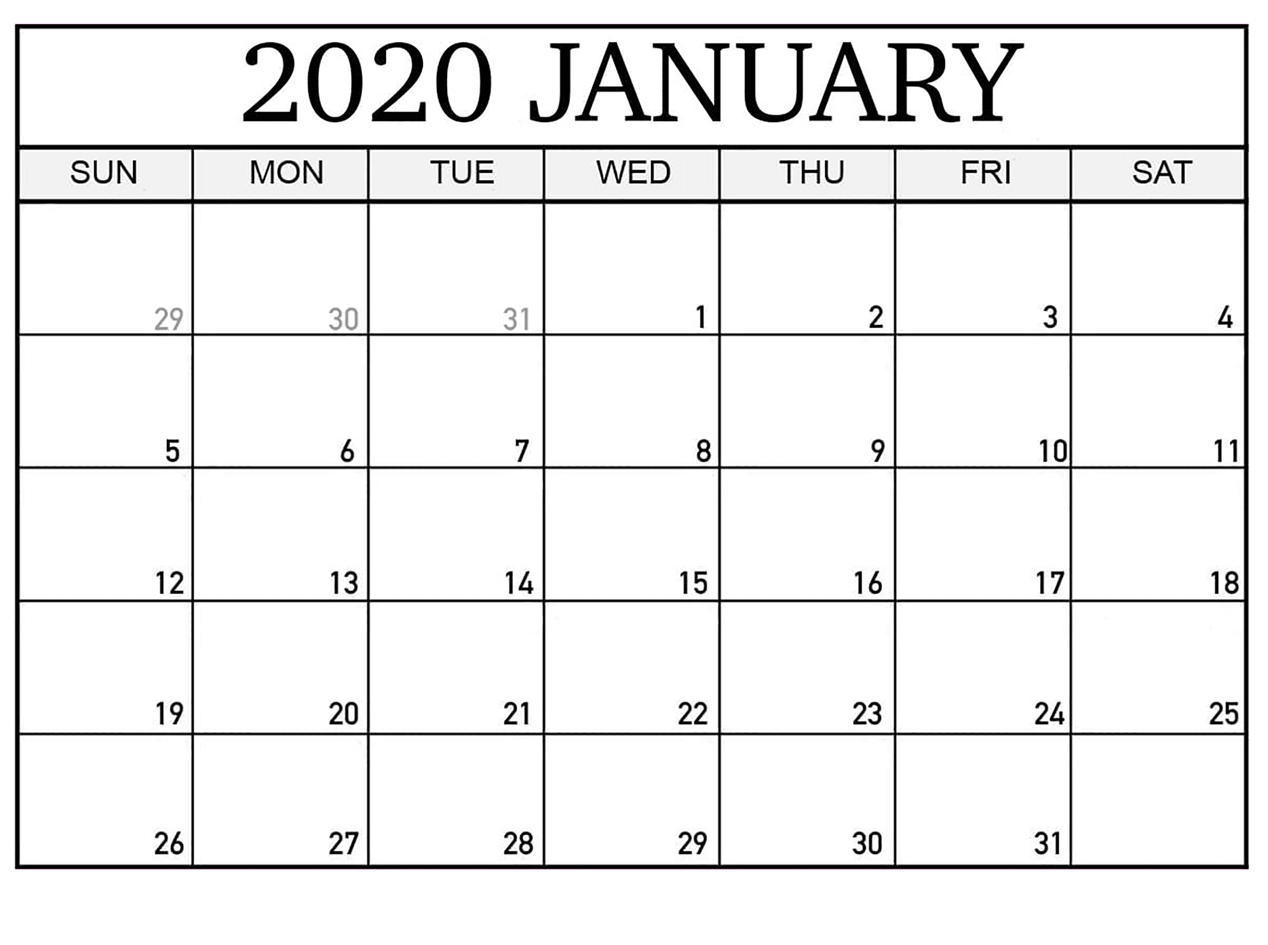 Blank January 2020 Calendar