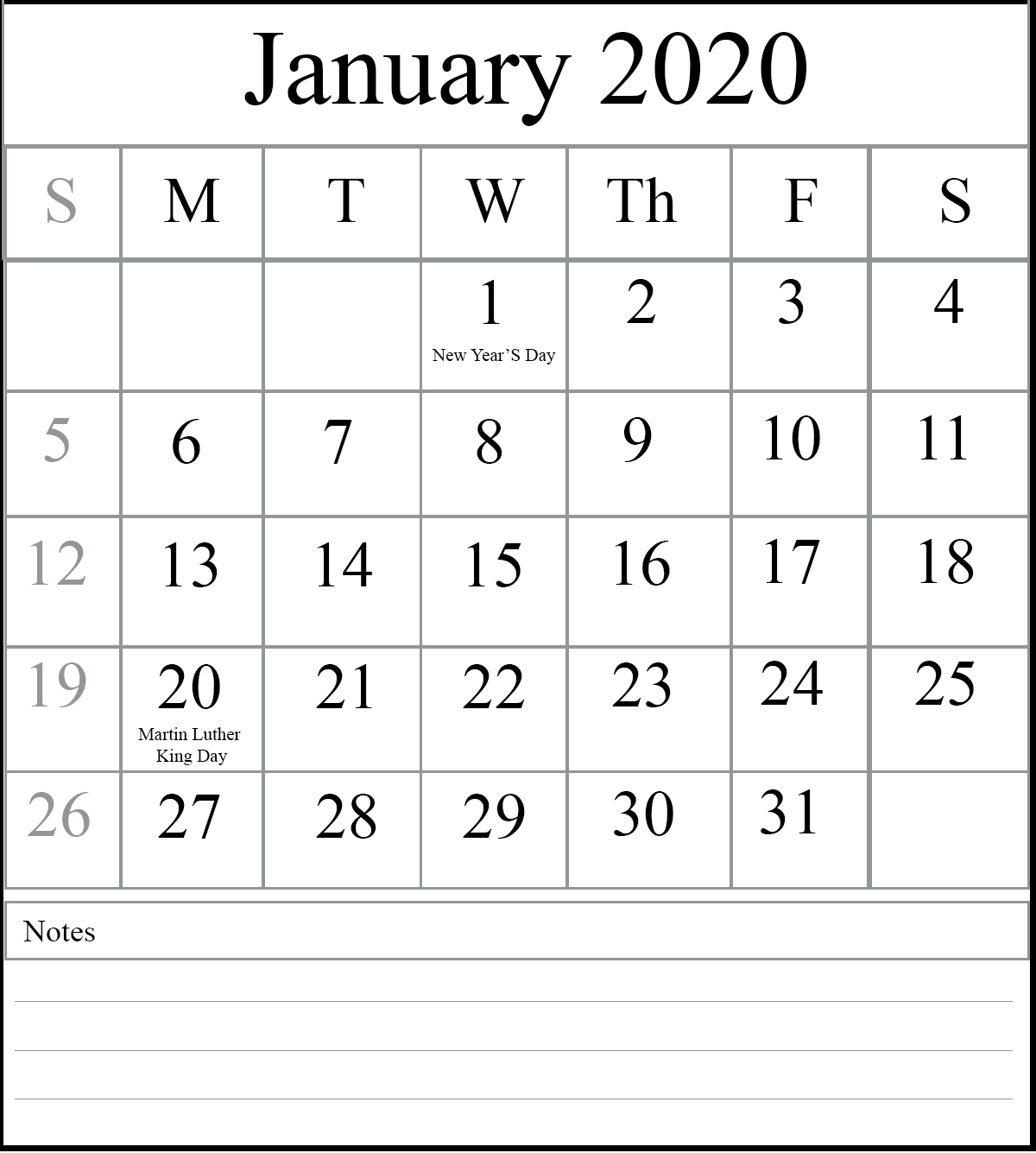 Blank January 2020 Calendar