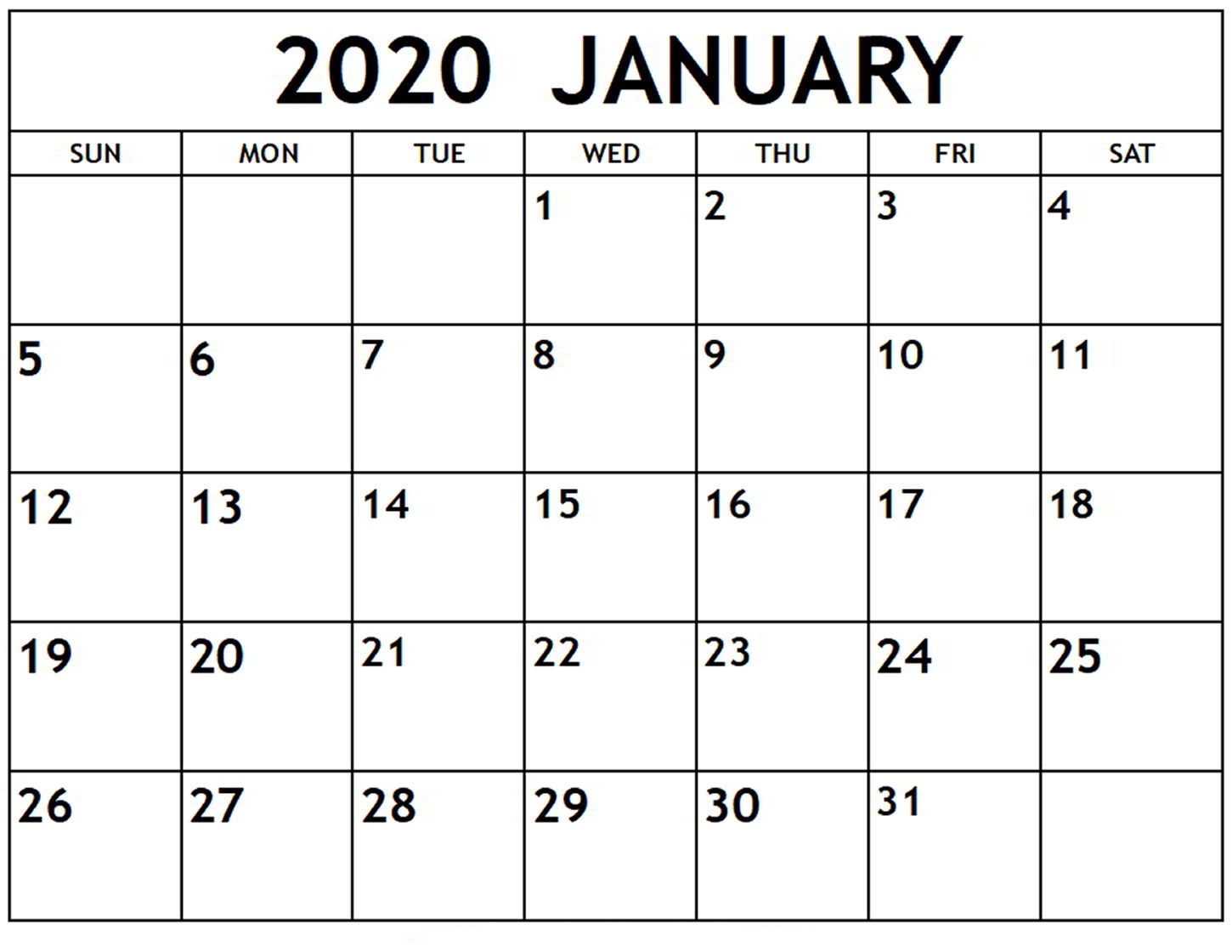 Blank January 2020 Calendar