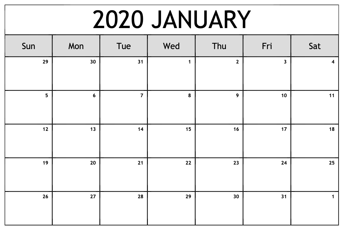 Blank January 2020 Calendar