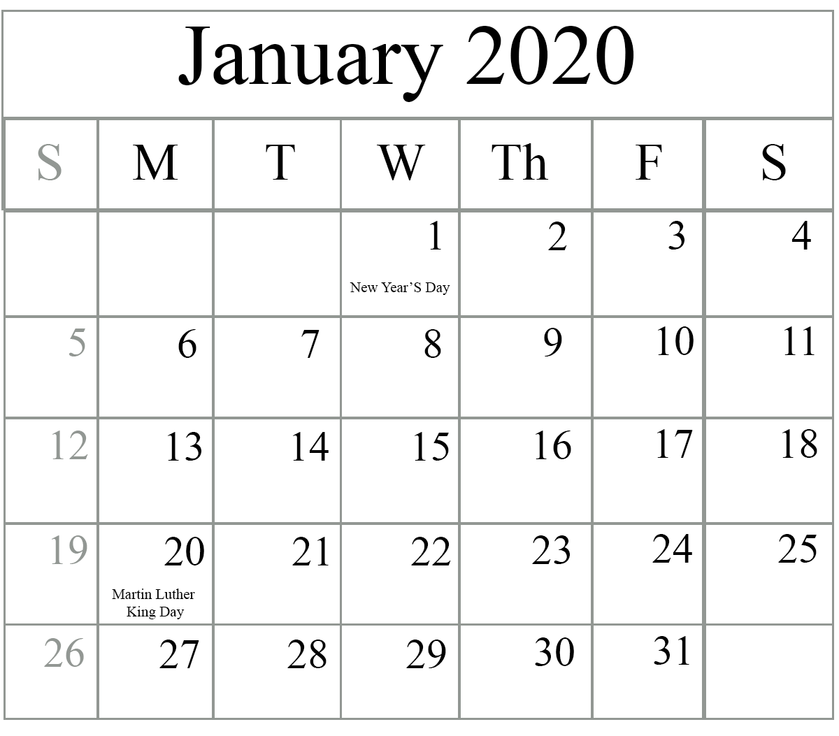 January Calendar Printable 2020