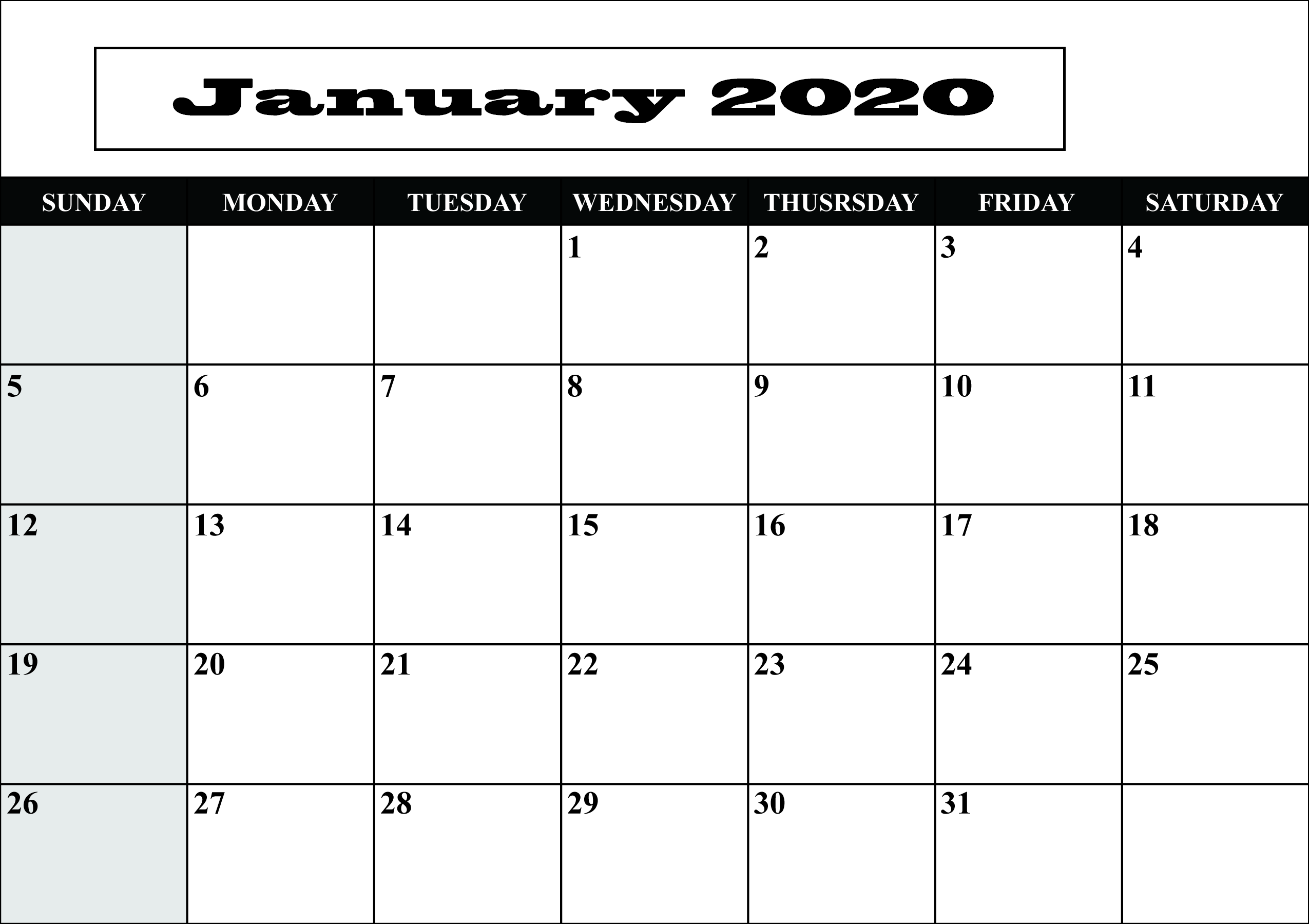 Blank Calendar January 2020