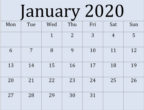 Printable Calendar January 2020