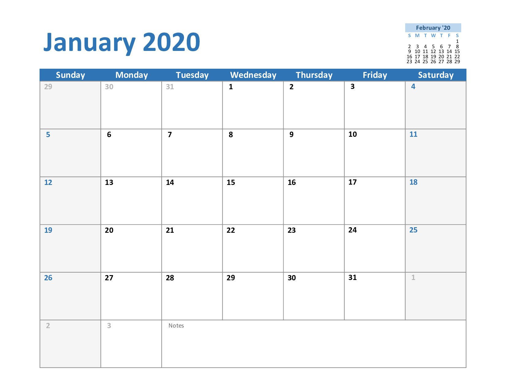 Printable Calendar January 2020