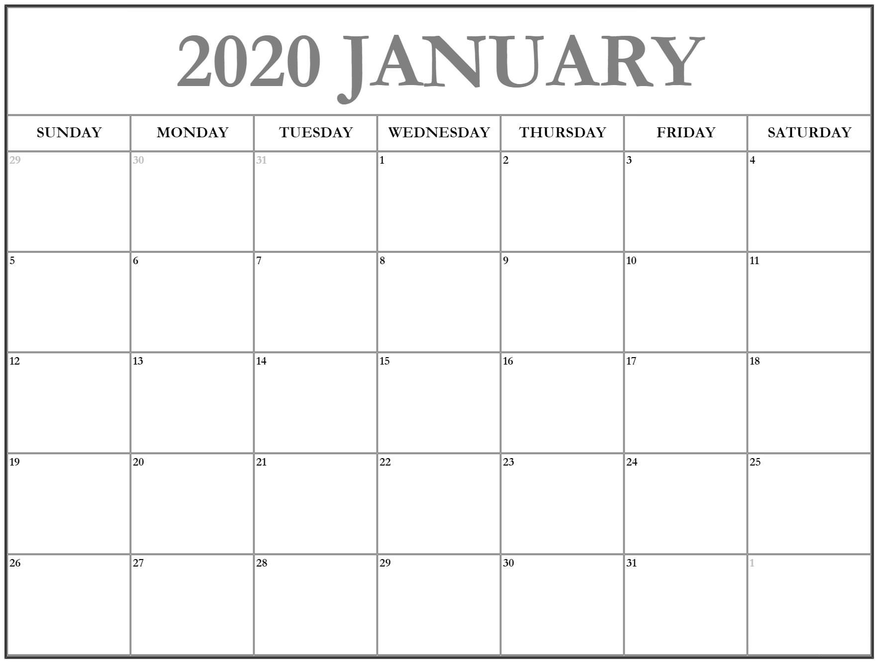 Printable Calendar January 2020