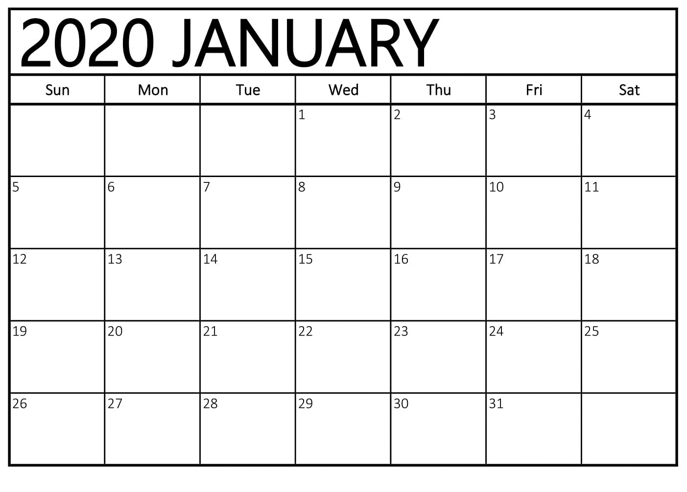 Blank January 2020 Calendar