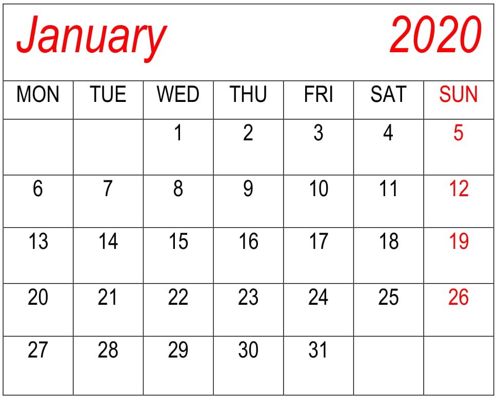 January 2020 Calendar Template