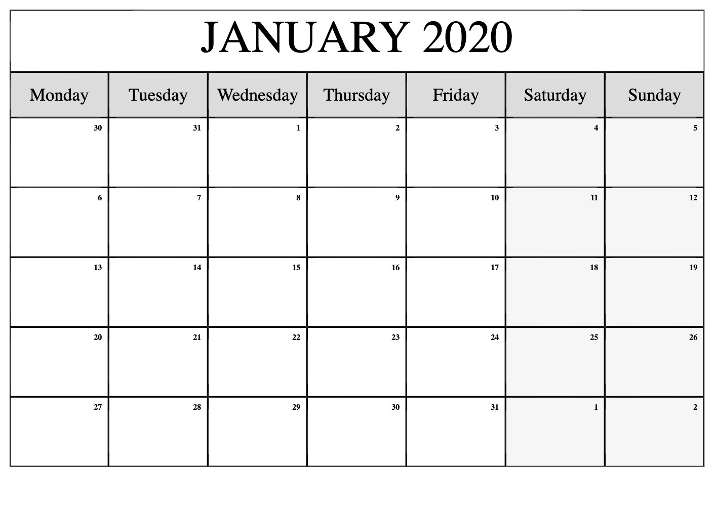 January Calendar Printable 2020