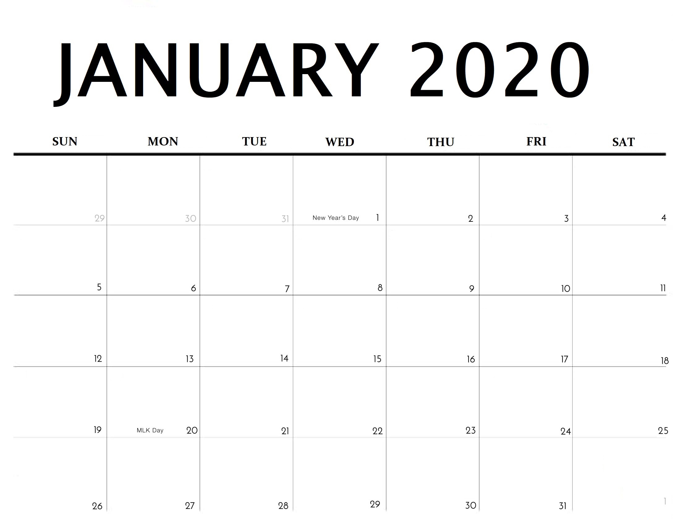 Printable Calendar January 2020