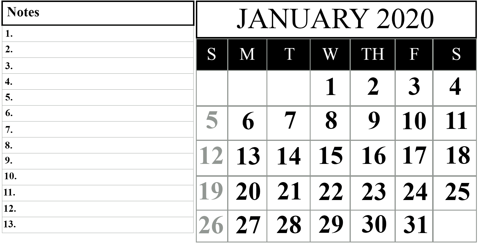 Printable Calendar January 2020