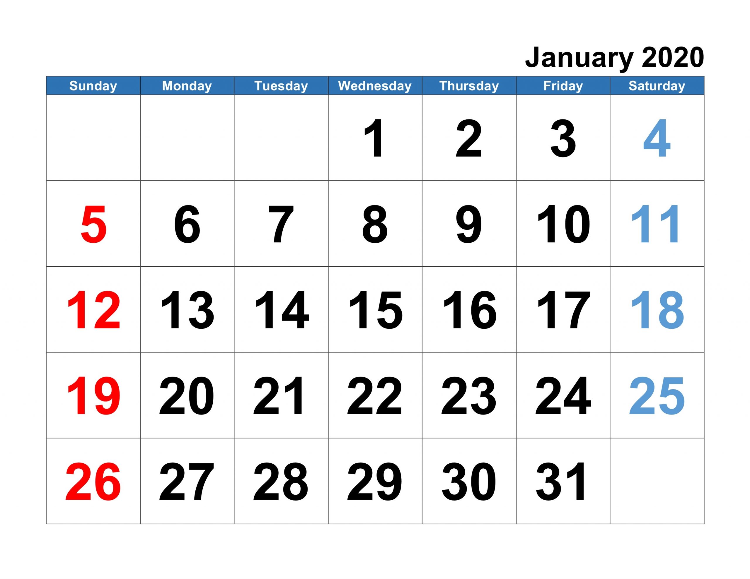 Printable Calendar January 2020