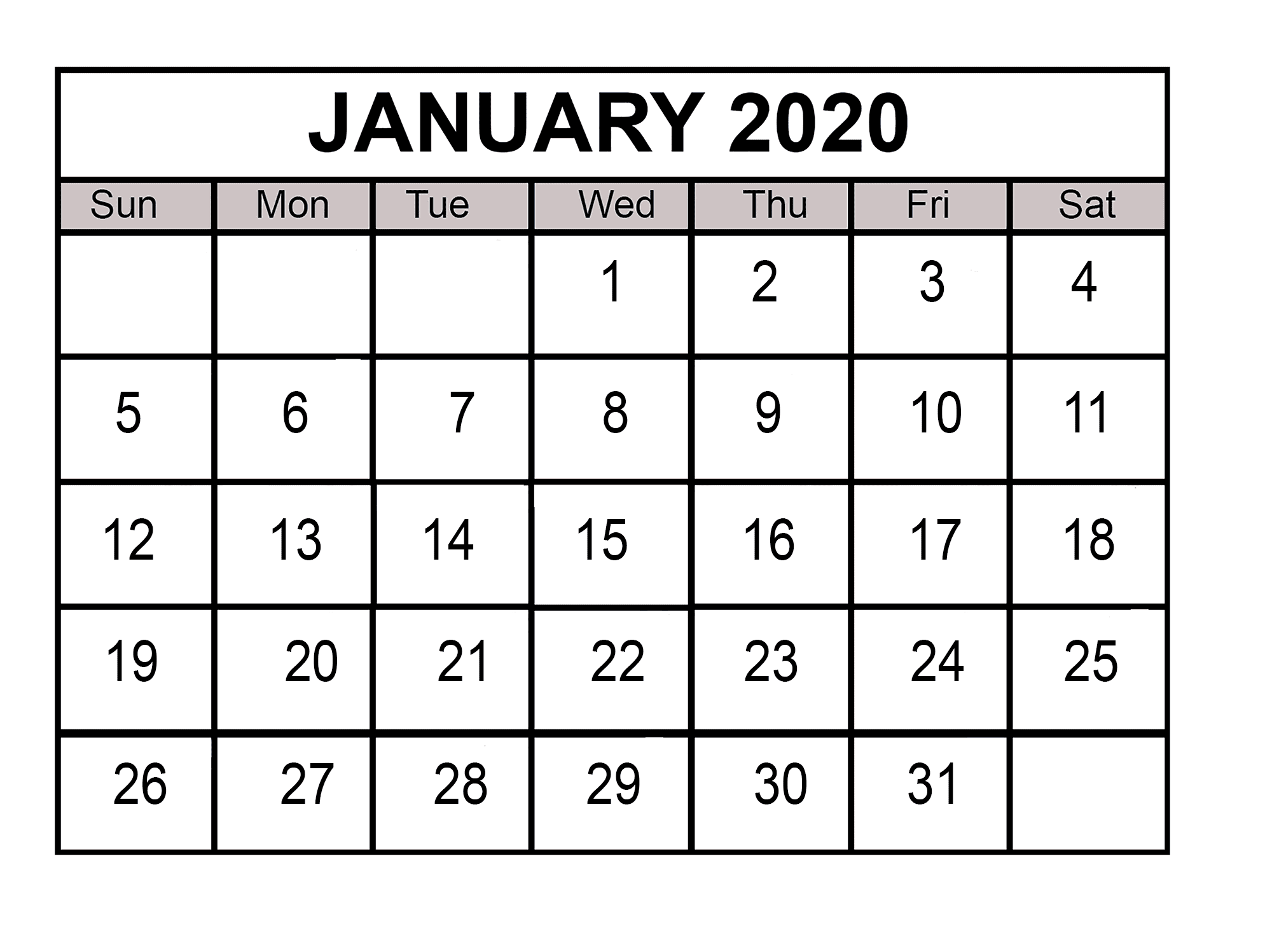 Printable Calendar January 2020