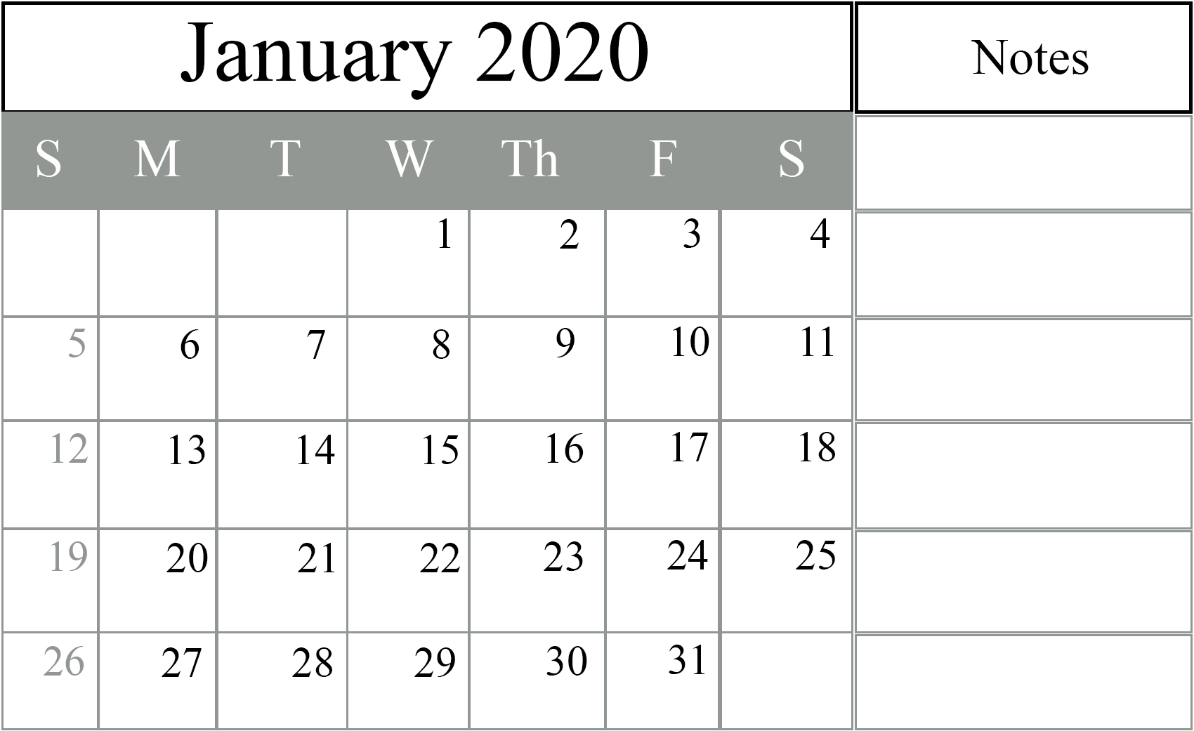 Printable Calendar January 2020