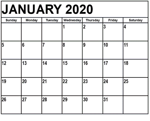 Printable Calendar January 2020