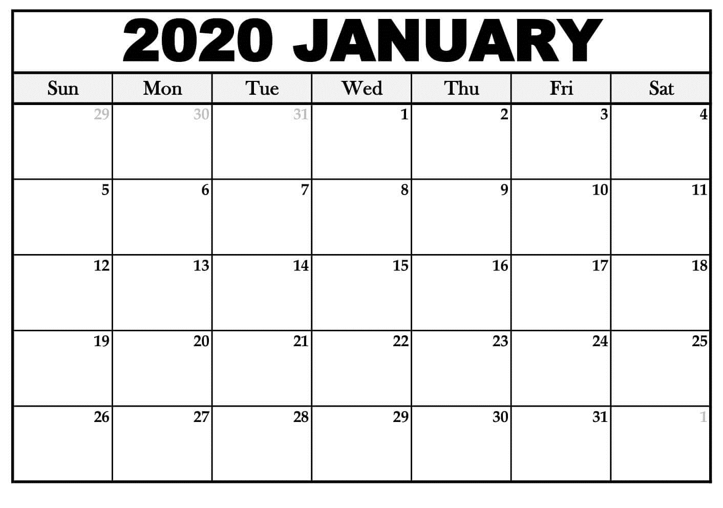 Printable Calendar January 2020