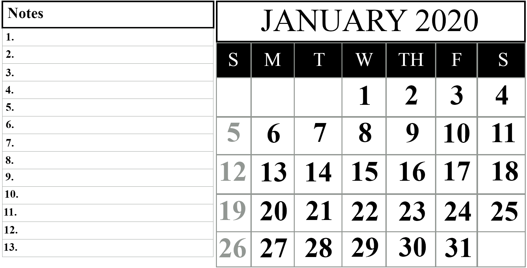 January 2020 Blank Calendar