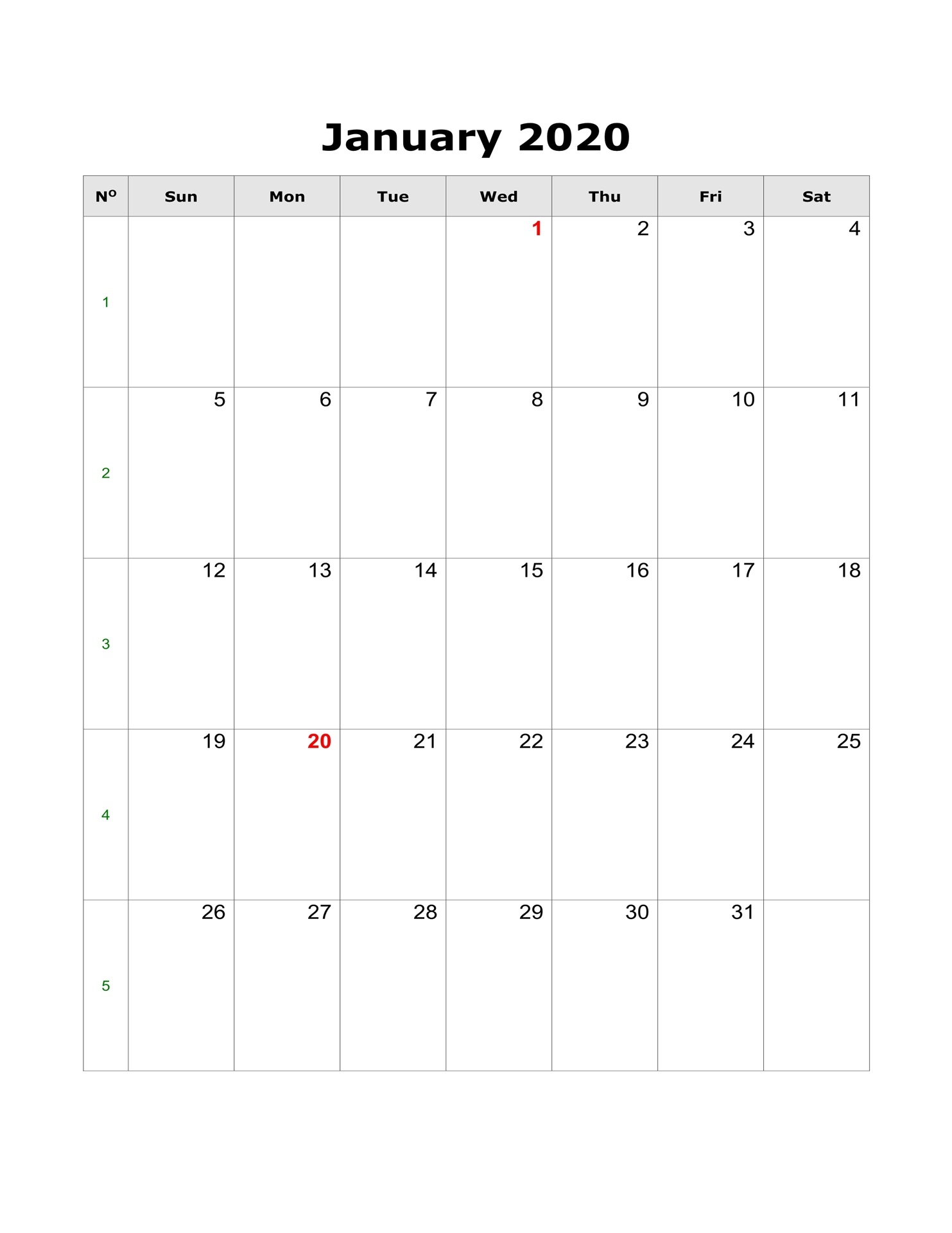 January 2020 Blank Calendar Printable Word Pdf Template Calendar School