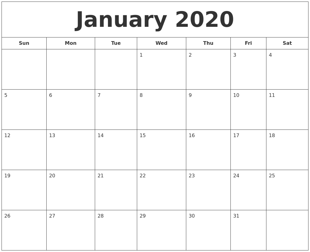 January 2020 Calendar Printable