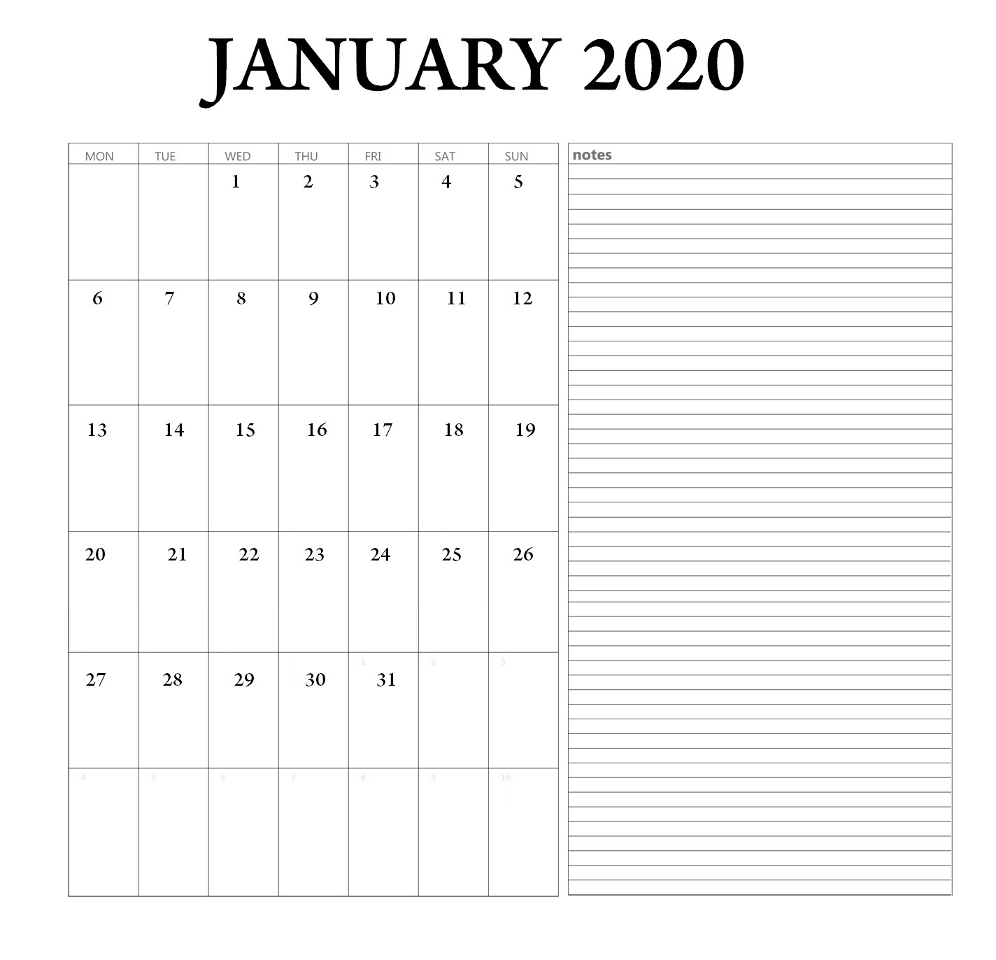 Top Blank January 2020 Holiday Print Free Calendar Calendar School