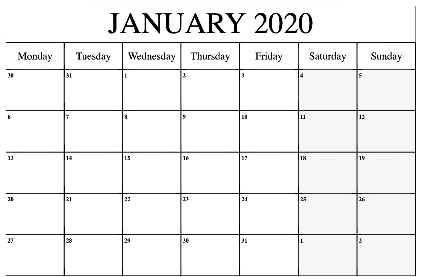 January 2020 Calendar Blank