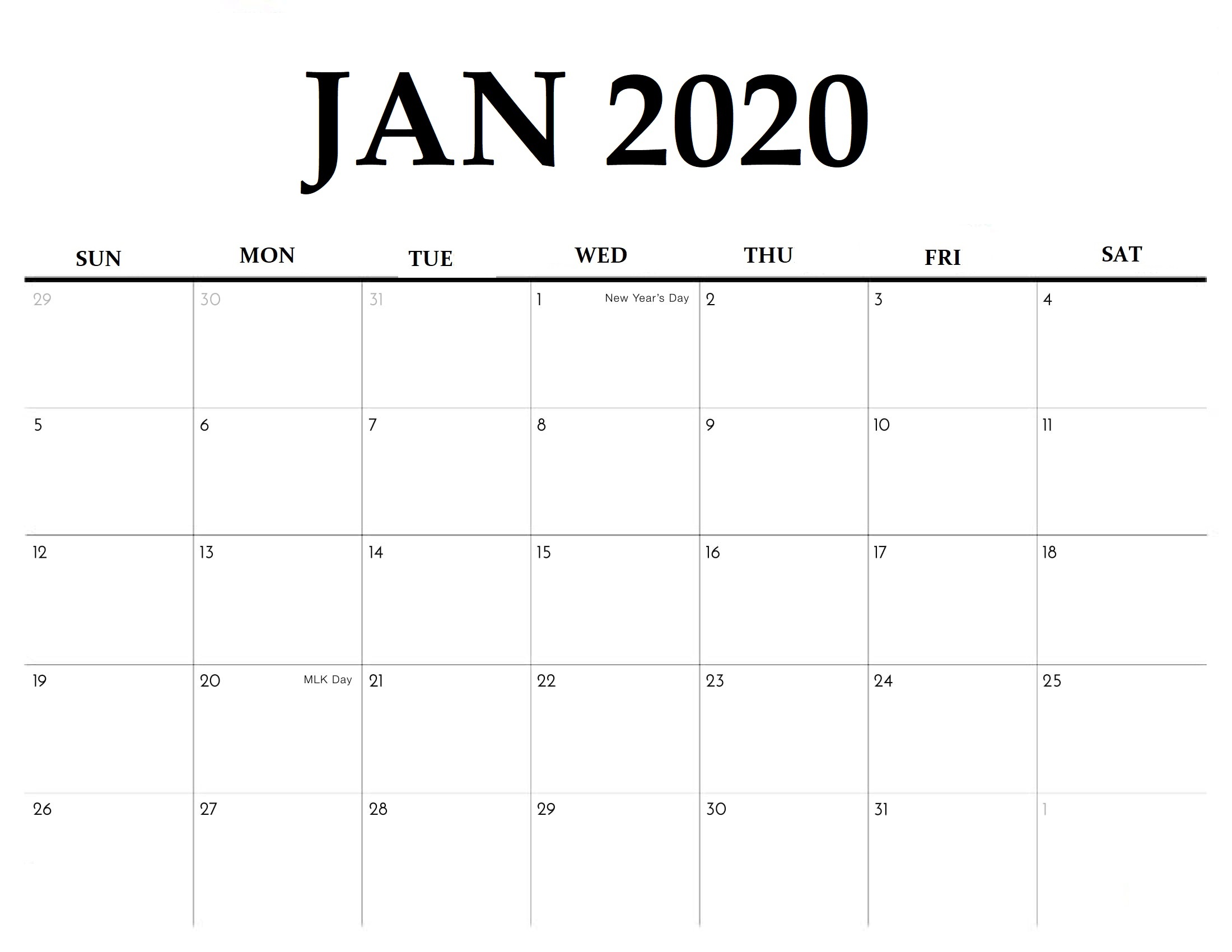 January 2020 Calendar Blank