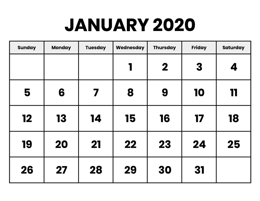 January 2020 Calendar Printable