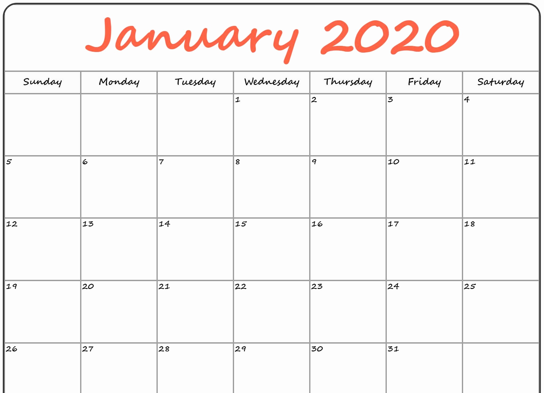 January 2020 Calendar Printable