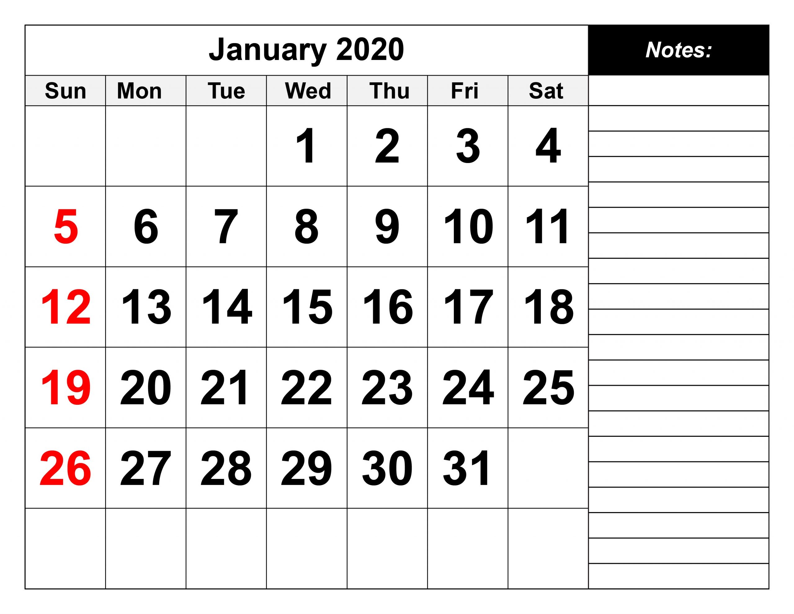 January 2020 Calendar Printable