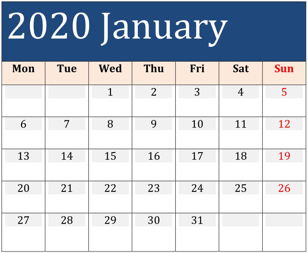 January 2020 Calendar Printable