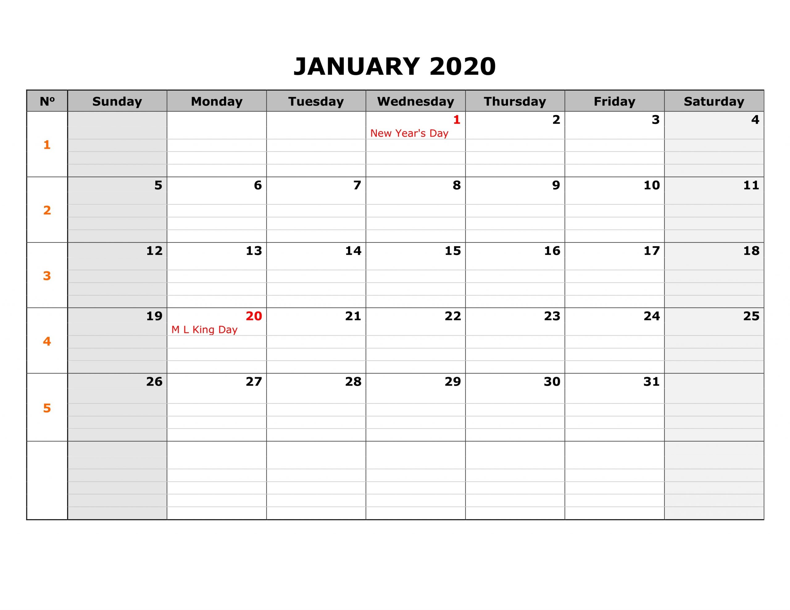 January 2020 Calendar Template