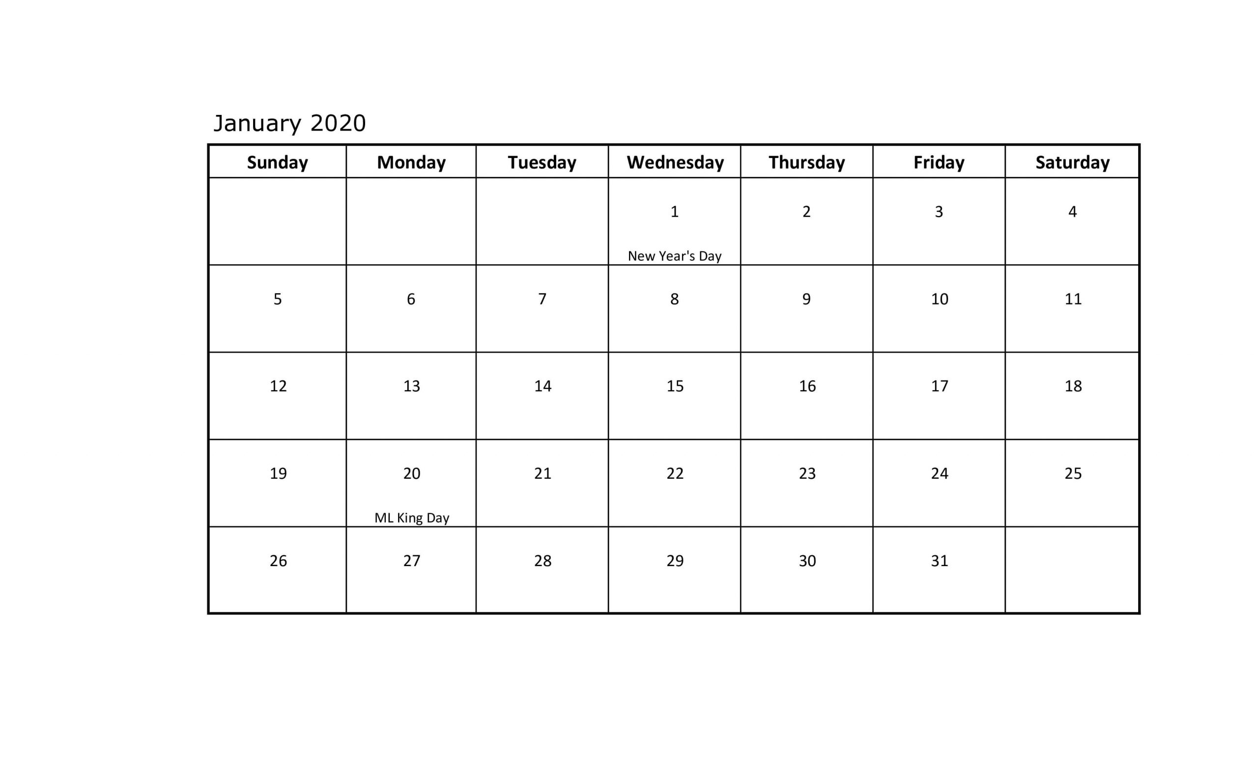 January 2020 Printable Blank Calendar
