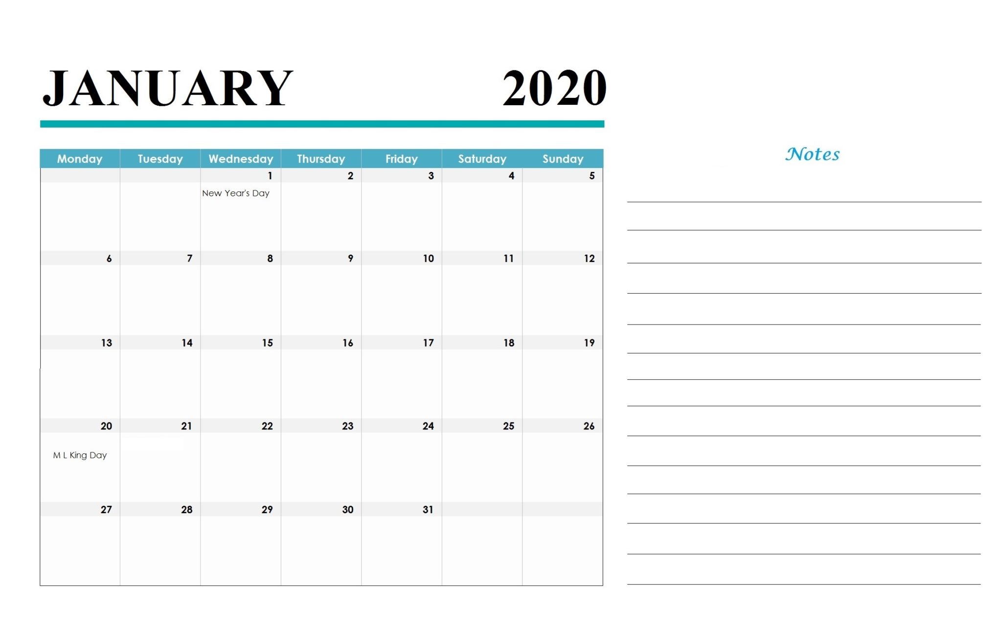 January 2020 Printable Blank Calendar