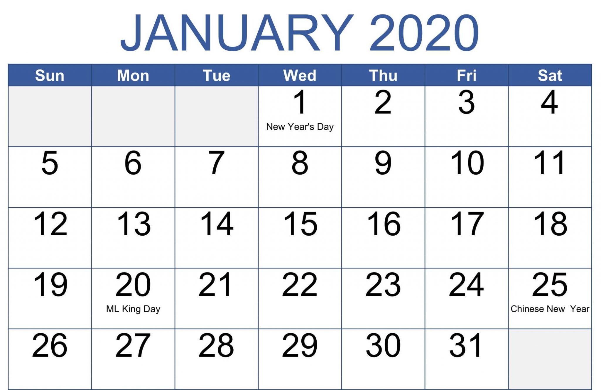 Printable Calendar January 2020 - Printable Word Searches