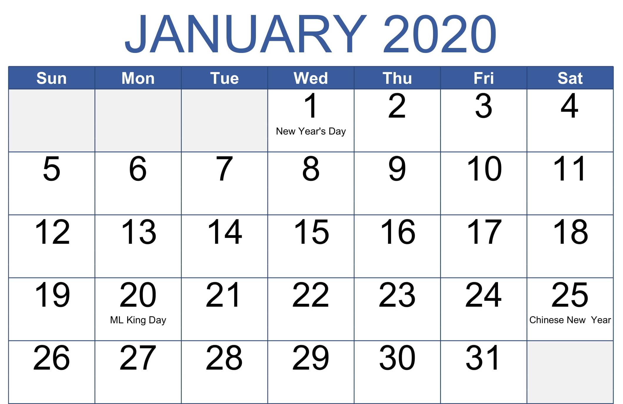 January 2020 Printable Calendar Cute With Holidays