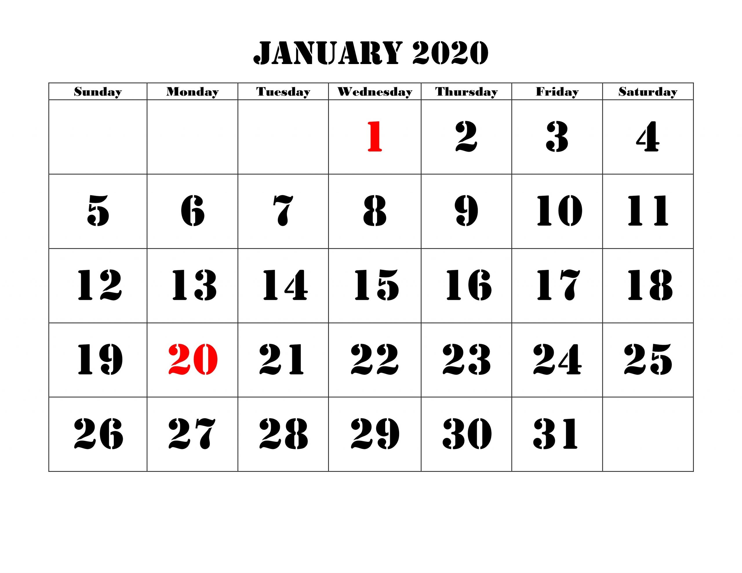 January 2020 Printable Calendar