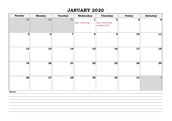 January 2020 Printable Calendar Free With Holidays