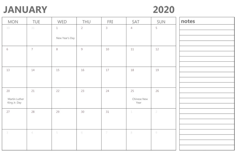 January 2020 Printable Calendar