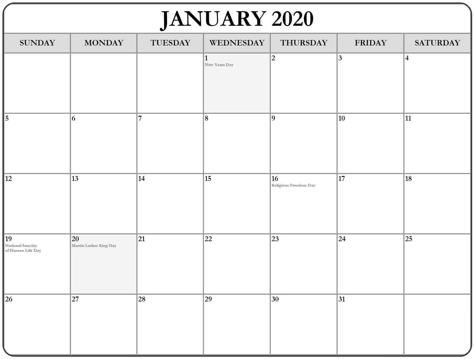 January 2020 Printable Calendar PDF With Holidays