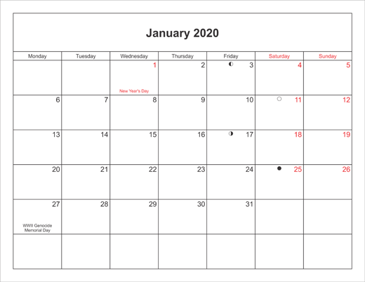 January 2020 Printable Calendar Portrait With Holidays