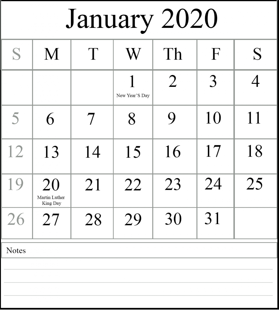 January 2020 Printable Calendar Waterproof With Holidays