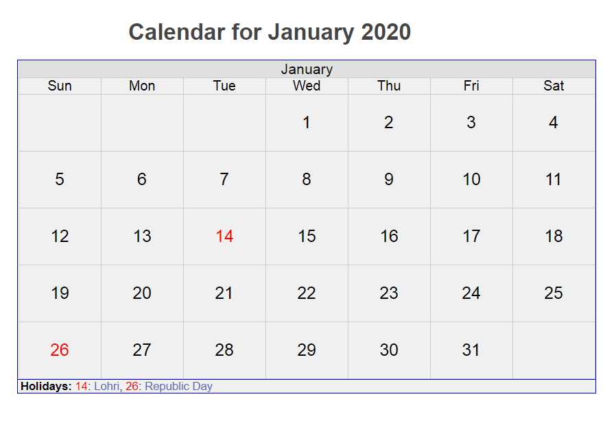 January 2020 Printable Calendar With Lines & Holidays