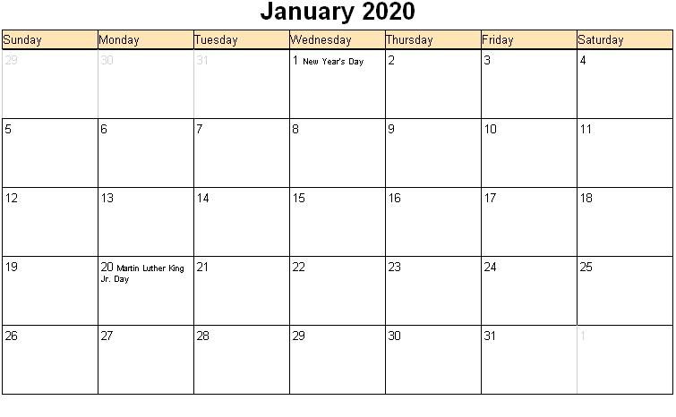 January 2020 Printable Calendar Word With Holidays