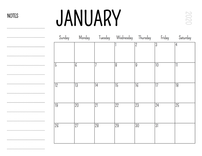 January 2020 Printable Calendar