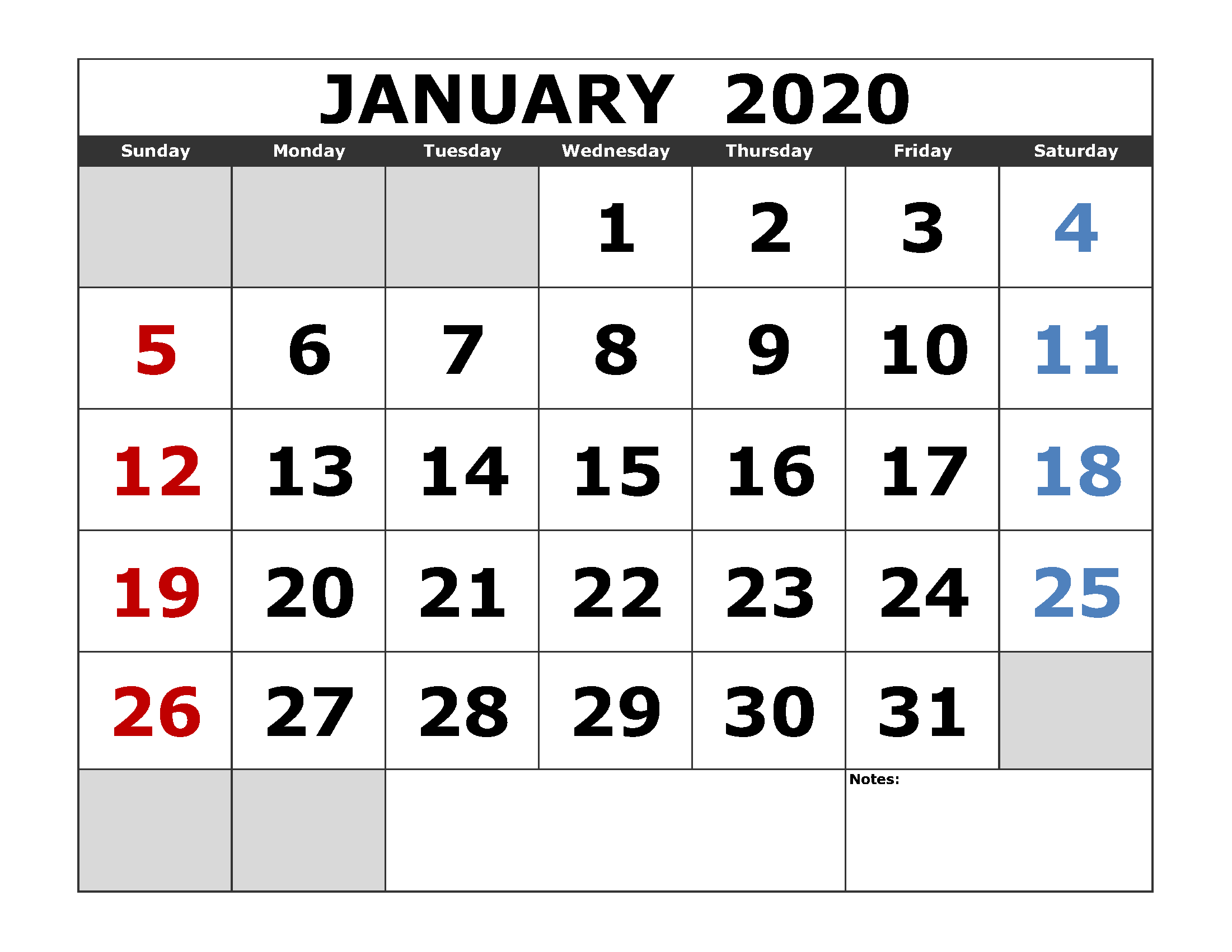 January 2020 Printable Calendar