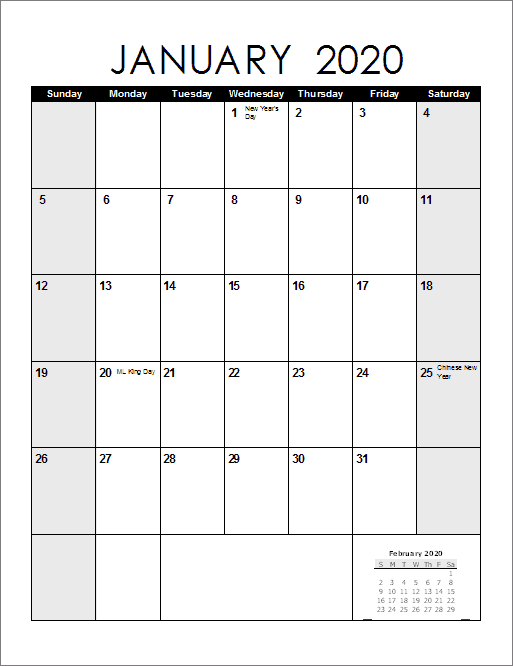 January Calendar Printable 2020