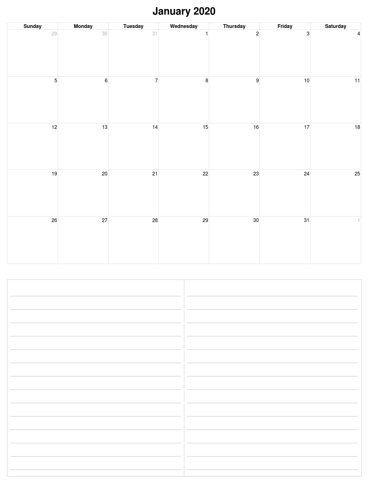 January Calendar Blank 2020