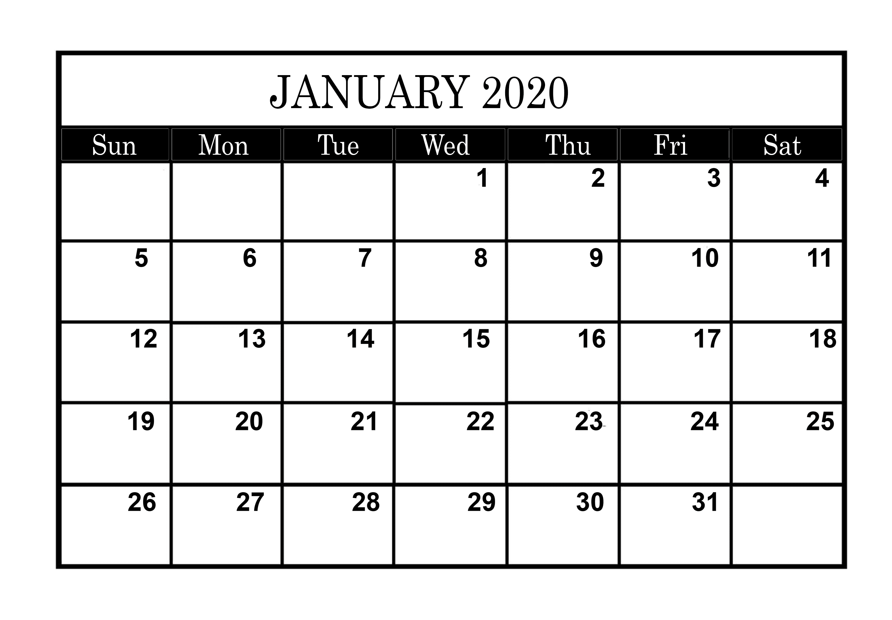 January Calendar Blank 2020