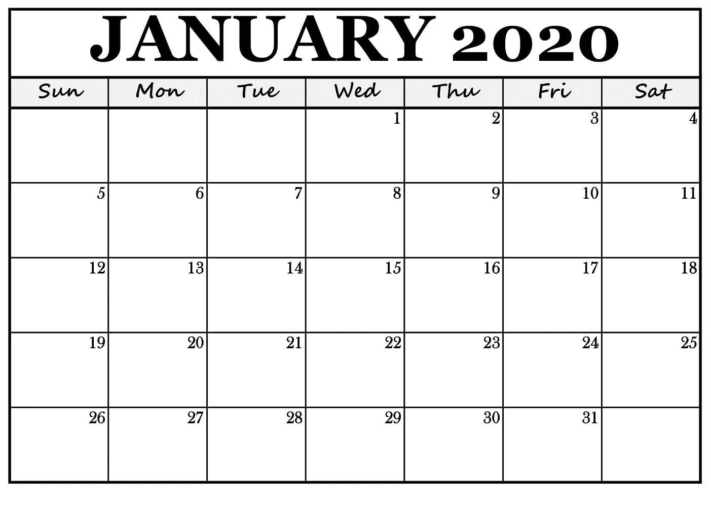 January Calendar Printable 2020