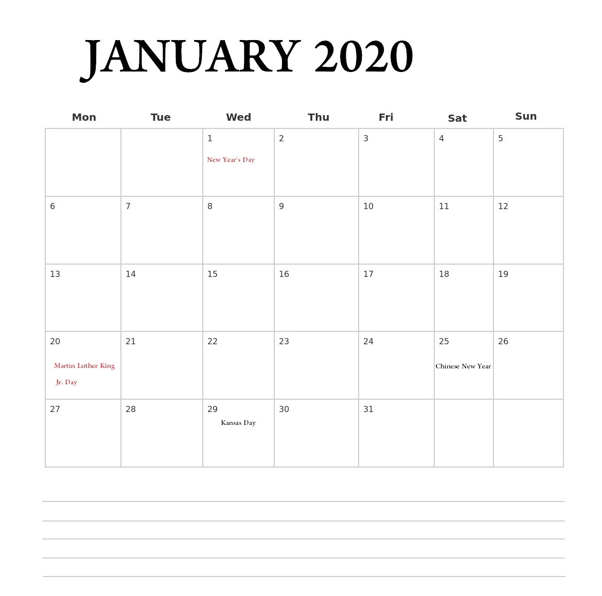 January Calendar Printable 2020